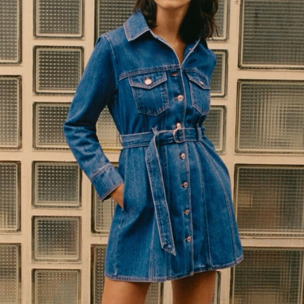 NWOT Zara Skater Blue Denim Dress with Belt S
